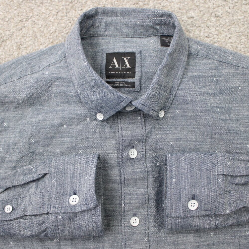 A/X Armani Exchange Shirt Men XS Blue Geometric Fitted Casual Long Sleeve Cotton